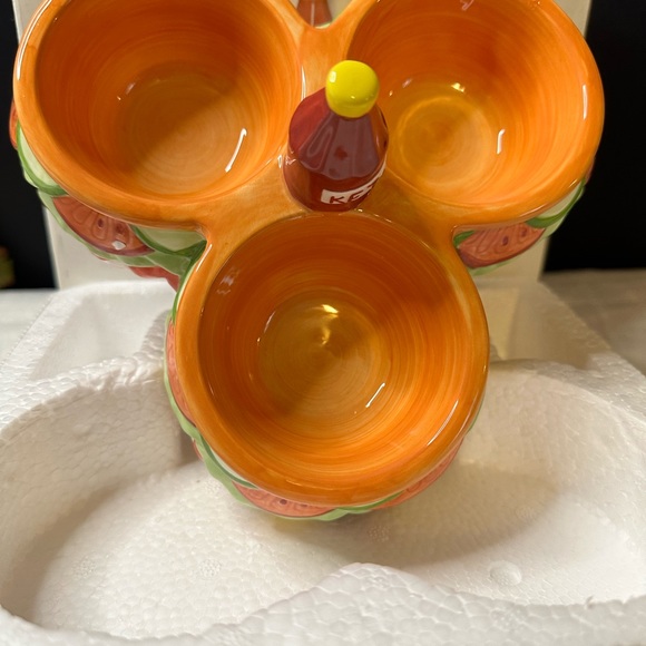 New Pacific Vintage Cheeseburger Tri-Server Condiment Dish w/Ketchup Bottle Knob - Picture 7 of 14